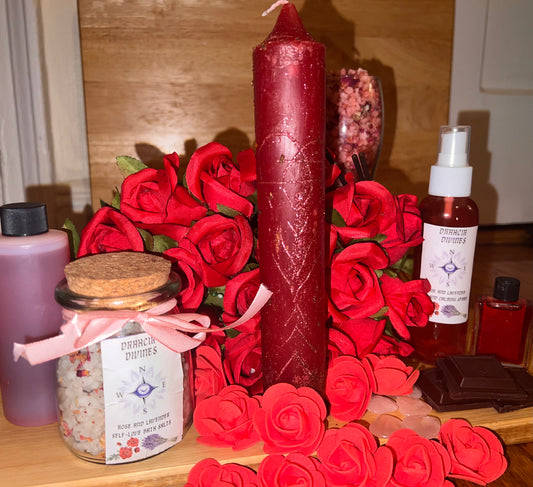 Spiritual blessed candle, Rose and Lavender bath salts, Loving Spray, Love Oil and Love Bath